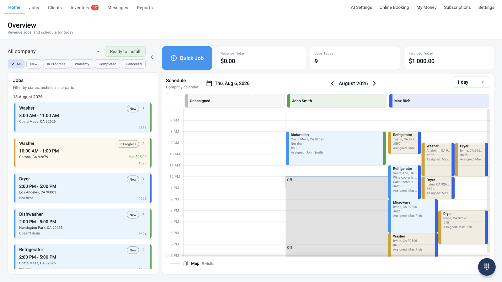 Taskrol web dispatch board: the day's job list, a company calendar with one column per technician, the Quick Job button and the Ready to install queue