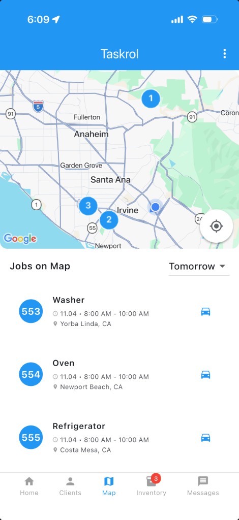 Taskrol mobile app showing the day's appliance repair jobs as numbered pins on an Orange County map with the job list below