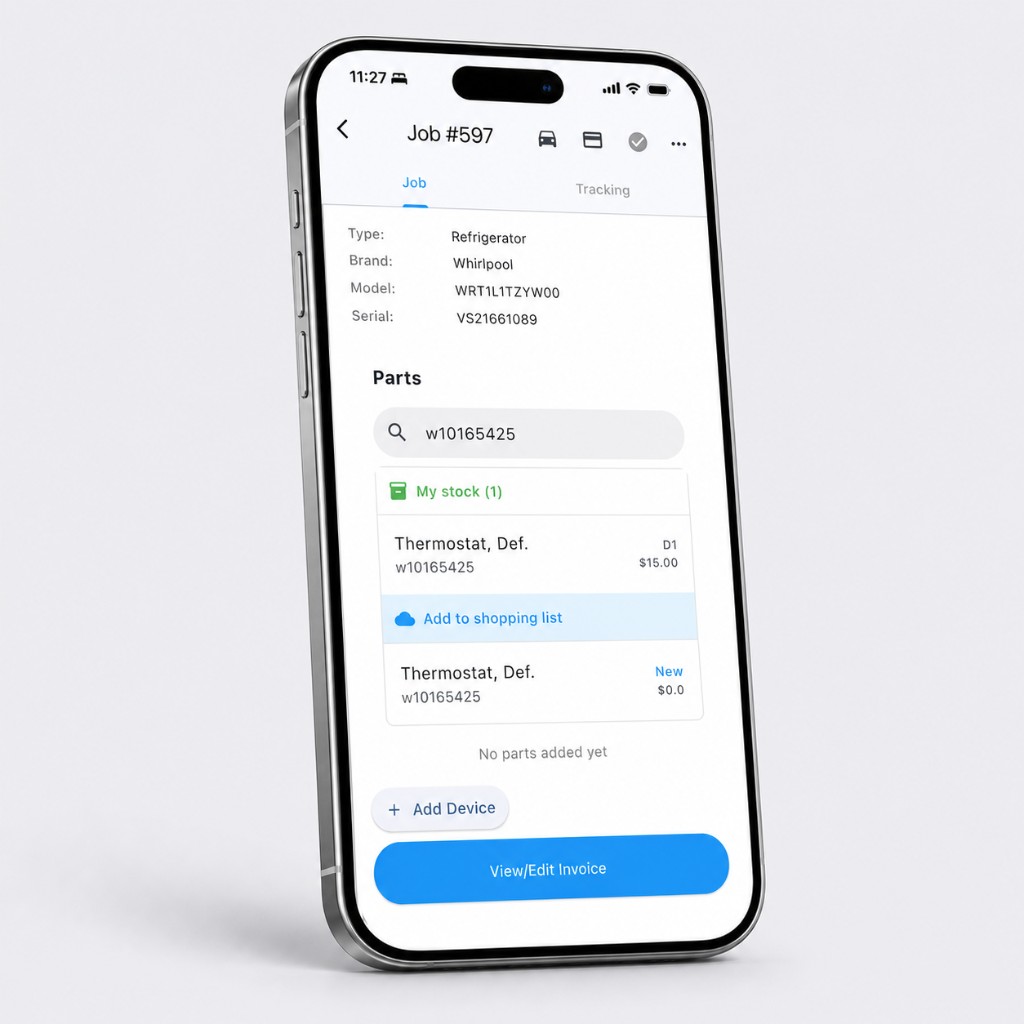 Taskrol technician app on job #597: a part searched by part number, My stock showing one unit in van cell D1, and an Add to shopping list button